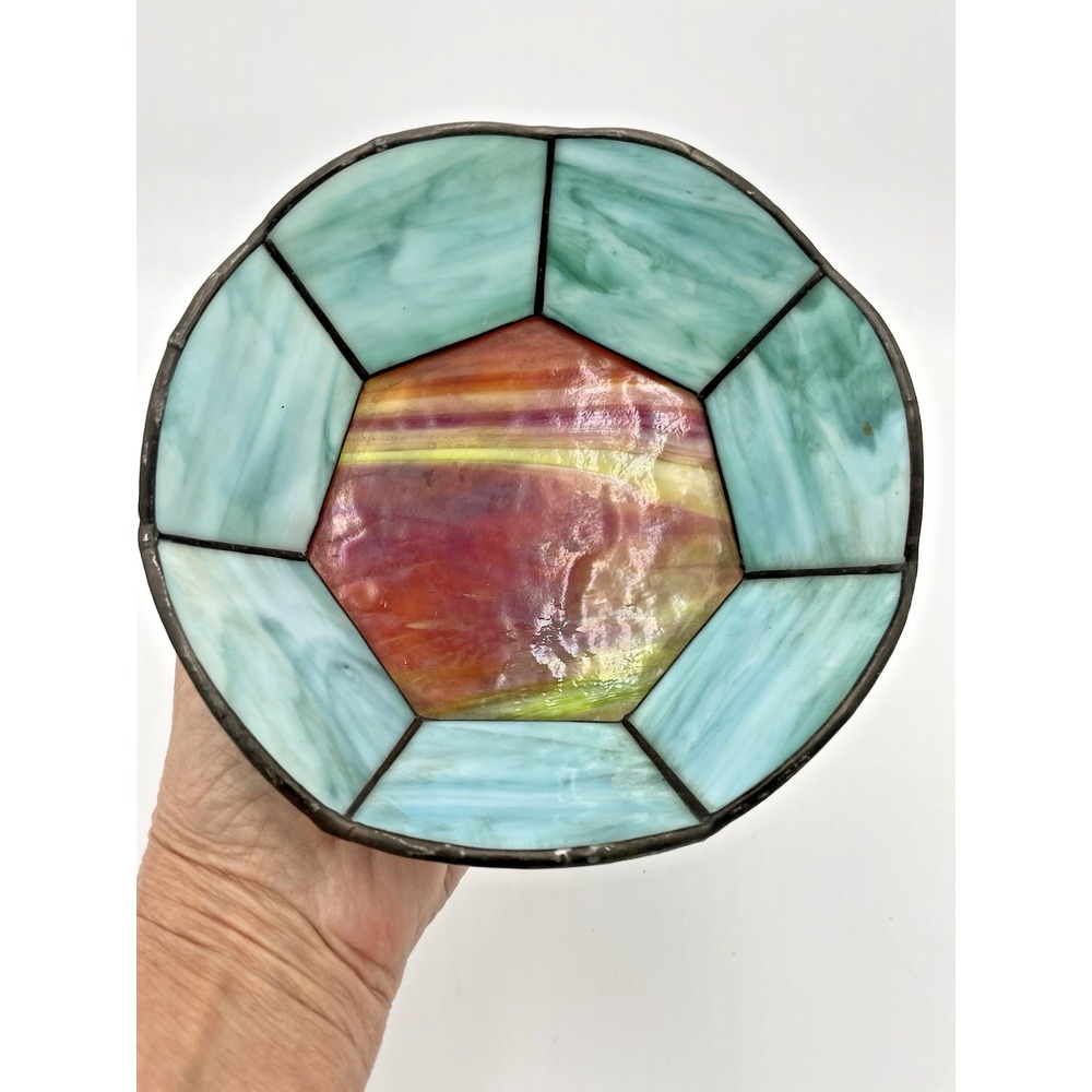 Vintage Turquoise‎ & Red Stained Glass Art Bowl 6.5" D - Picture 6 of 8